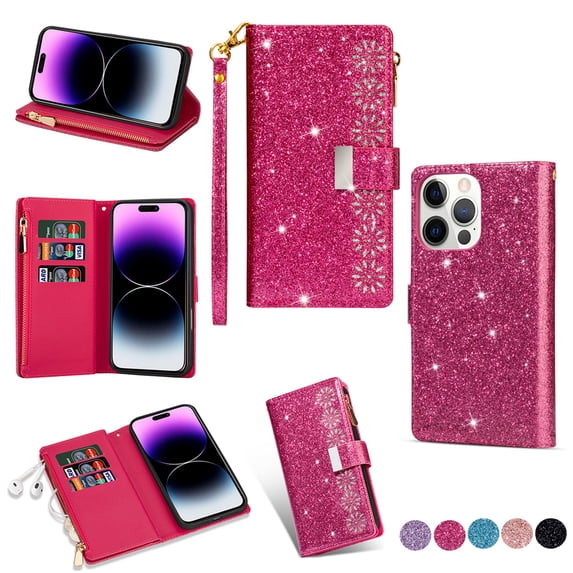 TECH CIRCLE Cute Shiny Flip Wallet Case with Wrist Strap for iPhone 16 Pro Max (2024 Release) 6.9", Built-in Stand, 9 Card Slots, Zipper Pocket, PU Leather Protective Lightweight Cover, Rose