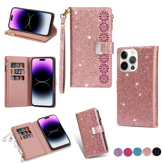 TECH CIRCLE Cute Shiny Flip Wallet Case with Wrist Strap for iPhone 16 Pro Max (2024 Release) 6.9", Built-in Stand, 9 Card Slots, Zipper Pocket, PU Leather Protective Lightweight Cover, Rosegold