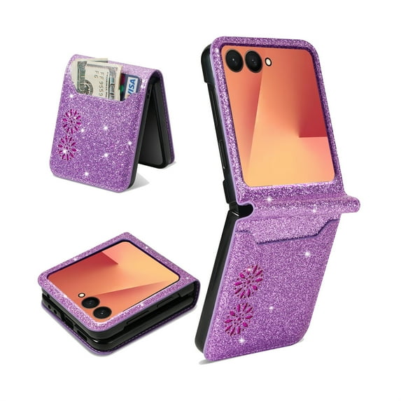 TECH CIRCLE Cute Shiny Wallet Case for Samsung Galaxy Z Flip 5 (2023 Release) 6.7", With Card Slot, PU Leather Protective Lightweight Slim Fit Cute Cover for Women Men, Purple