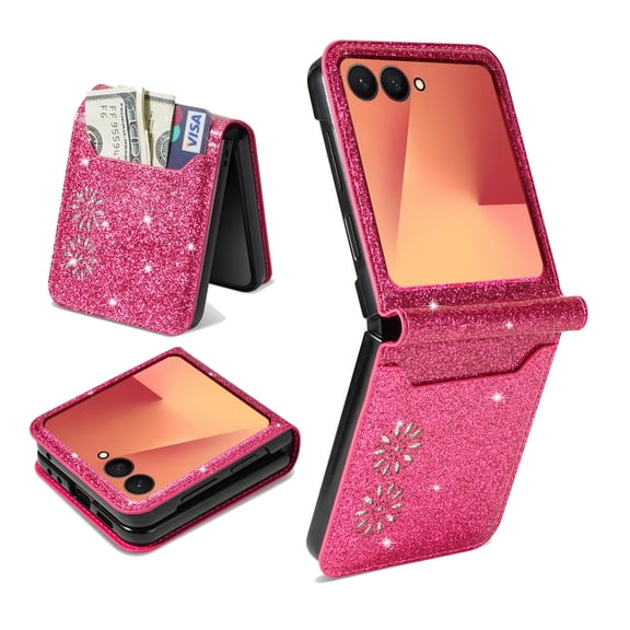 TECH CIRCLE Cute Shiny Wallet Case for Samsung Galaxy Z Flip 7 (2025 Release) 6.8", With Card Slot, PU Leather Protective Lightweight Slim Fit Cute Cover for Women Men, Rose