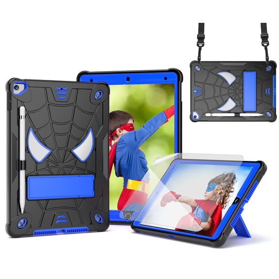 TECH CIRCLE Cute Spider Case for Apple 10.2-inch iPad, iPad 9th/8th/7th Generation Case 2021/2020/2019 Release - Heavy Duty Protection Shockproof Rugged Cover with Stand / Shoulder Strap, Black+Blue