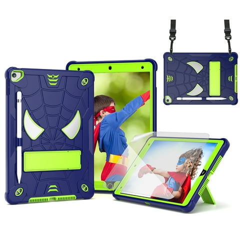 TECH CIRCLE Cute Spider Case for Apple 10.2-inch iPad, iPad 9th/8th/7th Generation Case 2021/2020/2019 Release - Heavy Duty Protection Shockproof Rugged Cover with Stand / Shoulder Strap, Navy+Green