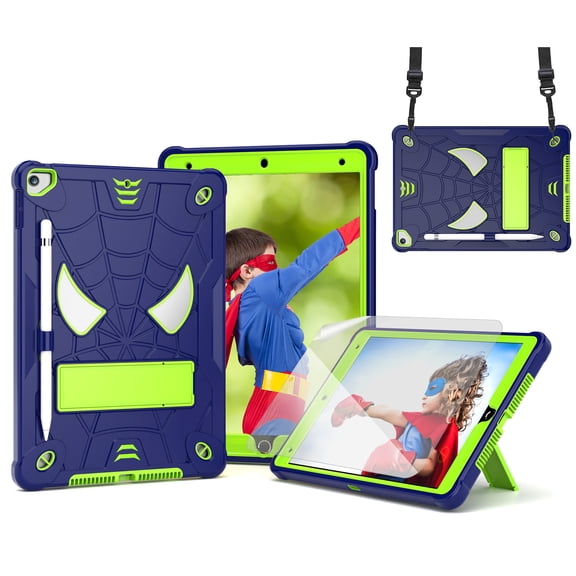 TECH CIRCLE Cute Spider Case for Apple 10.2-inch iPad, iPad 9th/8th/7th Generation Case 2021/2020/2019 Release - Heavy Duty Protection Shockproof Rugged Cover with Stand / Shoulder Strap, Navy+Green