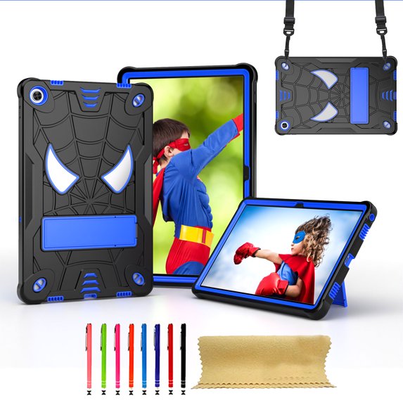 TECH CIRCLE Cute Spider Case for Lenovo Tab M10 Plus (3rd Generation) 10.6" Tablet 2022 (Model TB-125F/128F) - Protective Shockproof Rugged Kids Case with Sturdy Stand / Shoulder Strap, Black+Blue