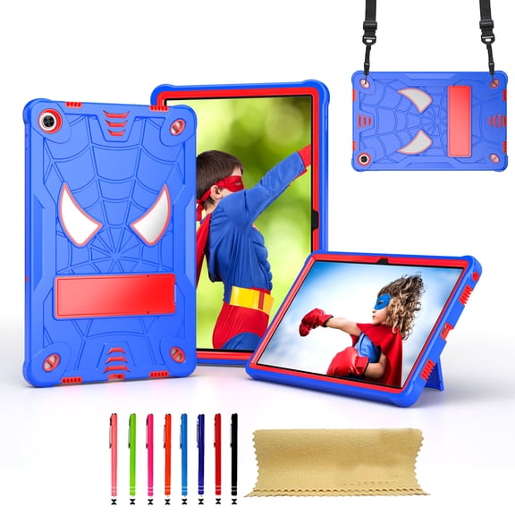 TECH CIRCLE Cute Spider Case for Lenovo Tab M10 Plus (3rd Generation) 10.6" Tablet 2022 (Model TB-125F/128F) - Protective Shockproof Rugged Kids Case with Sturdy Stand / Shoulder Strap, Blue+Red