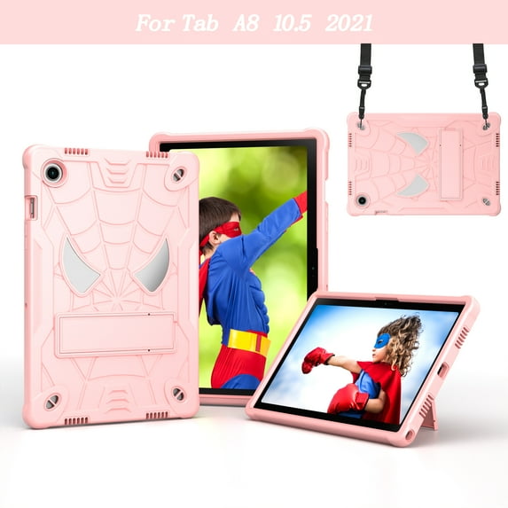 TECH CIRCLE for Samsung Galaxy Tab A8 (10.5") 3-Layer Rugged Shockproof Case with Shoulder Strap, Built-in Kickstand, Cute Spider Heavy Duty Tablet Back Cover, Rosegold