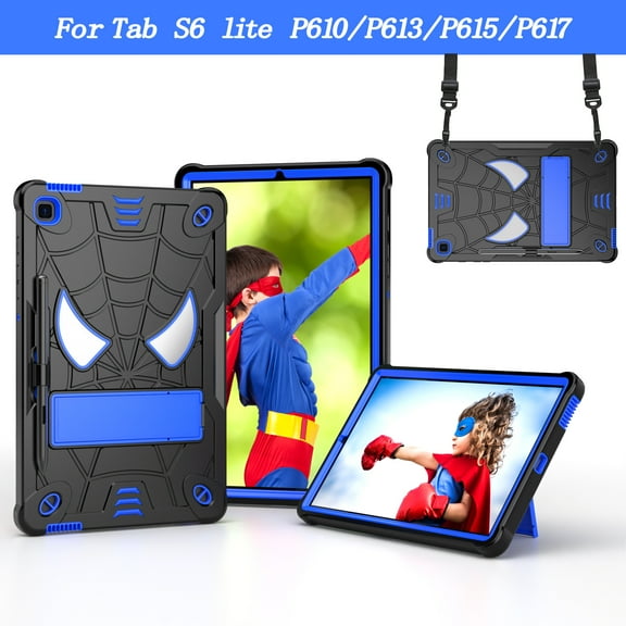 TECH CIRCLE Cute Spider Case for Samsung Galaxy Tab S6 Lite 10.4" Tablet 2020 (Model SM-P610 /SM-P615) - Heavy Duty Protection Protective Rugged Kids Cover Case with Stand / Shoulder Strap, Black+Blue
