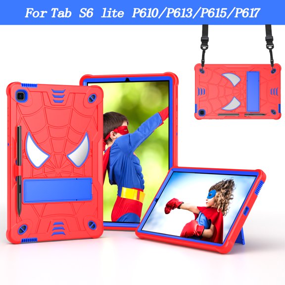 TECH CIRCLE Cute Spider Case for Samsung Galaxy Tab S6 Lite 10.4" Tablet 2020 (Model SM-P610 /SM-P615) - Heavy Duty Protection Protective Rugged Kids Cover Case with Stand / Shoulder Strap, Red+Blue