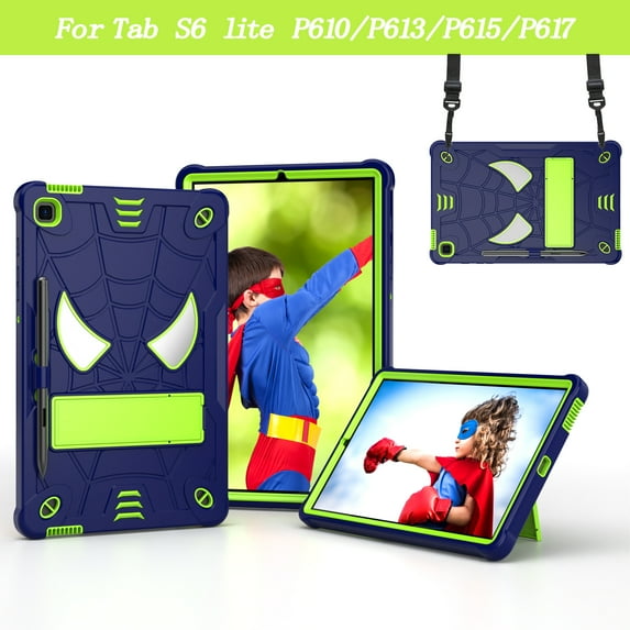 TECH CIRCLE Cute Spider Case for Samsung Galaxy Tab S6 Lite 10.4" Tablet 2020 (Model SM-P610 /SM-P615) - Heavy Duty Protection Protective Rugged Kids Cover Case with Stand / Shoulder Strap, Navy+Green
