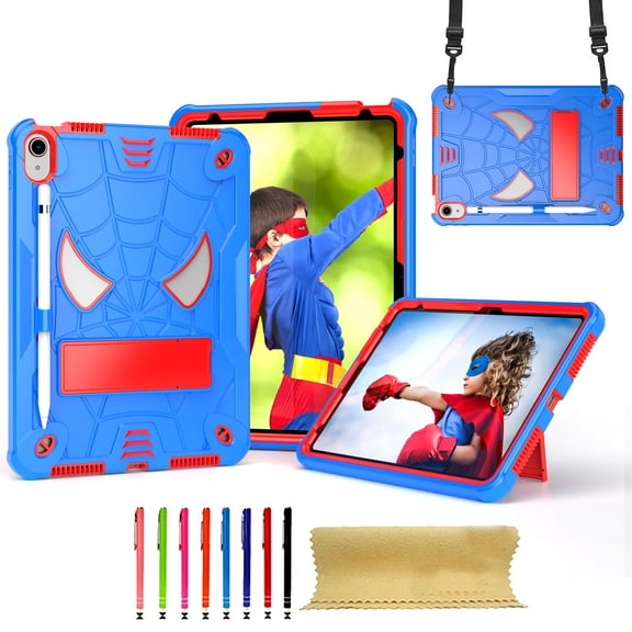 TECH CIRCLE for iPad 11-inch A16 (2025), iPad 10.9" (10th Gen) 2022 Release Shockproof Case with Kickstand/Pencil Holder Loop/Shoulder Strap/Stylus, Cute Cool Spider Protective Rugged Cover, Blue+Red