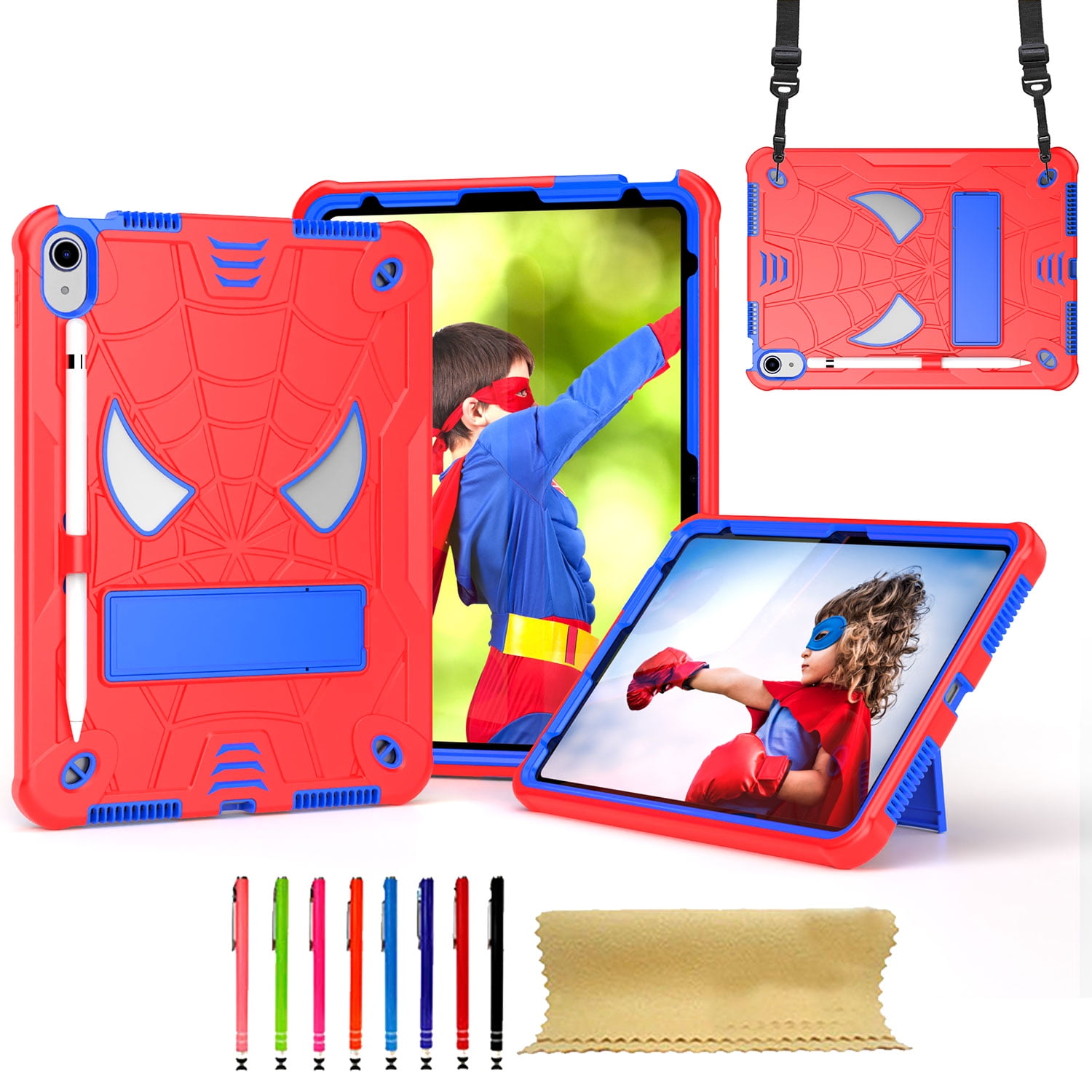 TECH CIRCLE for iPad 11-inch A16 (2025), iPad 10.9" (10th Gen) 2022 Release Shockproof Case with Kickstand/Pencil Holder Loop/Shoulder Strap/Stylus, Cute Cool Spider Protective Rugged Cover, Red+Blue