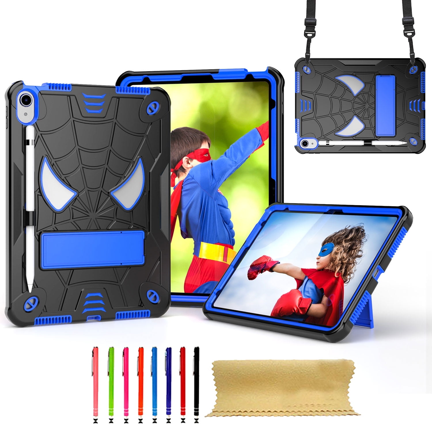TECH CIRCLE for iPad 11-inch A16 (2025), iPad 10.9" (10th Gen) 2022 Release Shockproof Case with Kickstand/Pencil Holder Loop/Shoulder Strap/Stylus, Cute Spider Rugged Cover, Black+Blue
