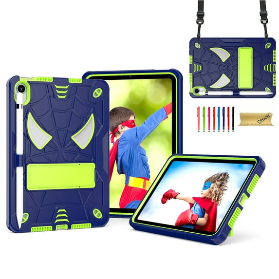 TECH CIRCLE for iPad Mini (7/6th Generation) A17 Pro/A15 Case 8.3-Inch (2024/2021 Release), Cute Spider Back Cover Protective Shockproof Durable Kids Case with Kickstand / Shoulder Strap, Navy+Green