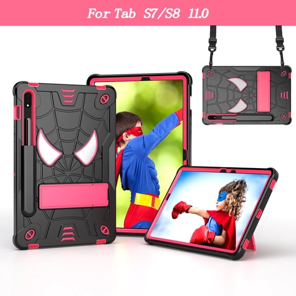 TECH CIRCLE for Samsung Galaxy Tab S9, S8, S7 (11") 3-Layer Rugged Shockproof Case with Shoulder Strap, Built-in Kickstand, S Pen Holder, Cute Spider Heavy Duty Tablet Cover, Black Rose