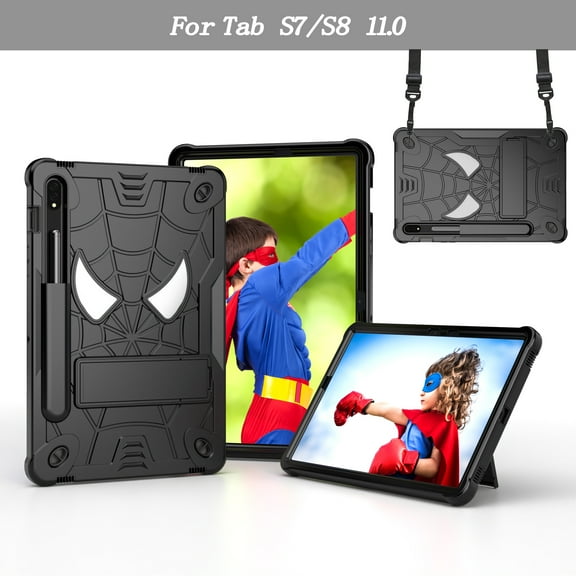 TECH CIRCLE for Samsung Galaxy Tab S9, S8, S7 (11") 3-Layer Rugged Shockproof Case with Shoulder Strap, Built-in Kickstand, S Pen Holder, Cute Spider Heavy Duty Tablet Cover, Black
