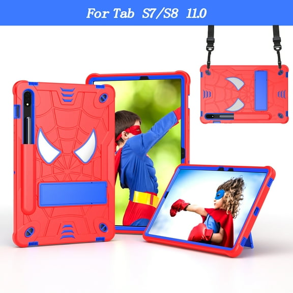 TECH CIRCLE Cute Spider Universal Case for Samsung Galaxy Tab S8/S7 Tablet 11", SM-X700/SM-T870 Case - Heavy Duty Protectiove Kids Case Shockproof Rugged Cover with Stand / Shoulder Strap, Red+Blue