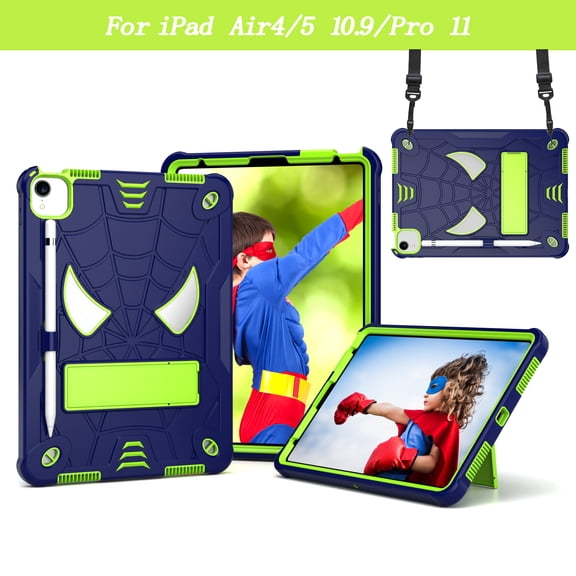 TECH CIRCLE For iPad Pro 11" (1st/2nd/3rd/4th Gen), iPad Air 10.9" (4th/5th Gen) Shockproof Case with Kickstand/Shoulder Strap - Cute Cool Spider Pattern 3 Layers Protective Rugged Cover, Navy+Green
