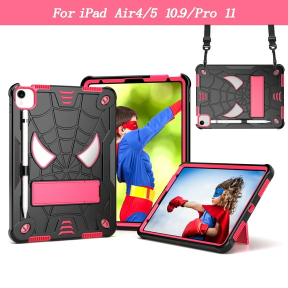 TECH CIRCLE For iPad Pro 11" (1st/2nd/3rd/4th Gen), iPad Air 10.9" (4th/5th Gen) Shockproof Case with Kickstand/Shoulder Strap - Cute Cool Spider Pattern 3 Layers Protective Rugged Cover, Black+Rose