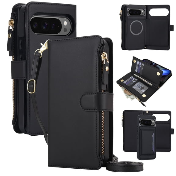 TECH CIRCLE Detachable Zipper Wallet Case for Google Pixel 10 Pro XL,Magnetic Leather Case Card Slots Case Compatible with Mag Safe Kickstand Removable Cover with Wrist/Shoulder Strap,Black