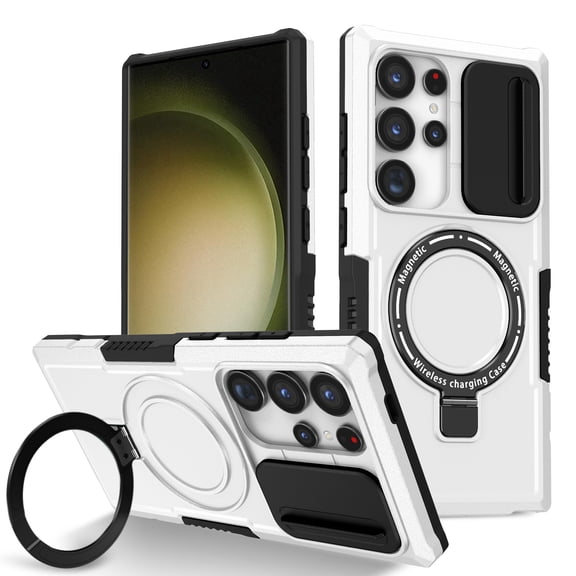 TECH CIRCLE Dual-Layer Rugged Case for Galaxy S26 Ultra, Built-in Slide Camera Cover/Kickstand, Compatible with MagSafe Wireless Charging, Shockproof Protective Hard Shell Phone Cover, White