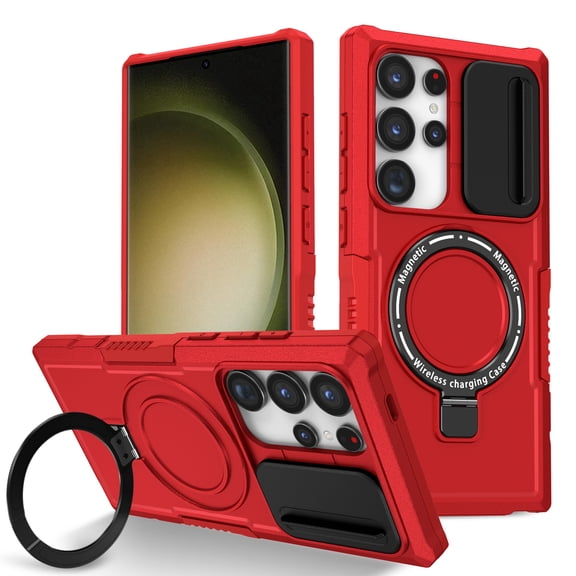 TECH CIRCLE Dual-Layer Rugged Case for Galaxy S26 Ultra, Built-in Slide Camera Cover/Kickstand, Compatible with MagSafe Wireless Charging, Shockproof Protective Hard Shell Phone Cover, Red