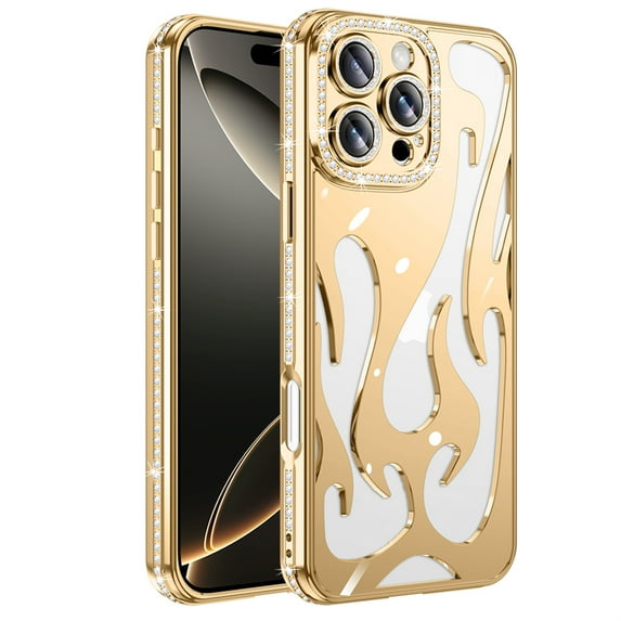 TECH CIRCLE Electroplated TPU Phone Case For iPhone 12 (2020) 6.1", Bling Case with Crystal Rhinestones, Hollow-out Design, Heat Dissipation, Lightweight Slim Fit Protective Cute Case, Gold