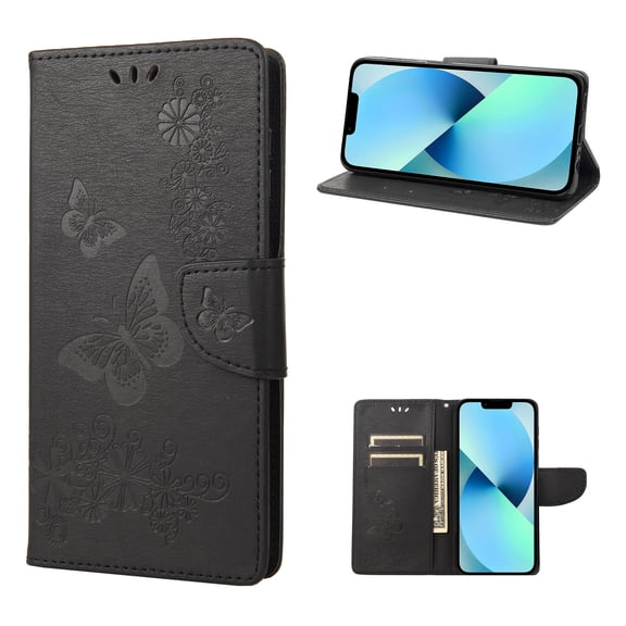 TECH CIRCLE Embossed Butterfly Case for 2022 iPhone 14 (6.1") - Foldable Stand Lightweight Flip Cute Case (Black)