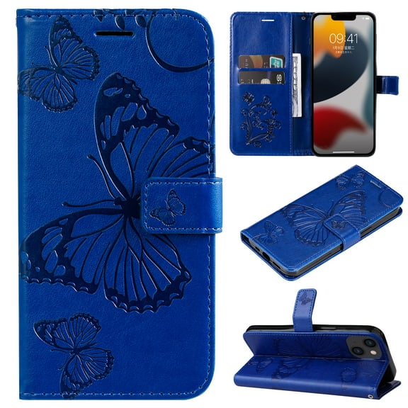 TECH CIRCLE Embossed Butterfly Case for 2022 iPhone 14 (6.1") - Protective Foldable Stand Flip Cute Case (Blue)