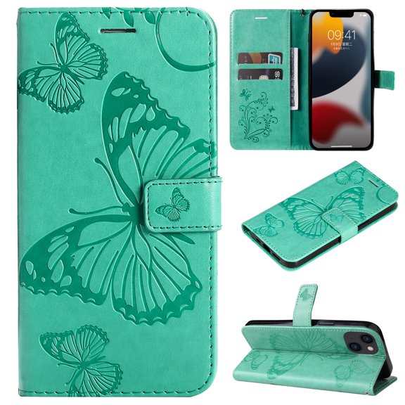 TECH CIRCLE Embossed Butterfly Case for 2022 iPhone 14 (6.1") - Protective Foldable Stand Flip Cute Case (Green)