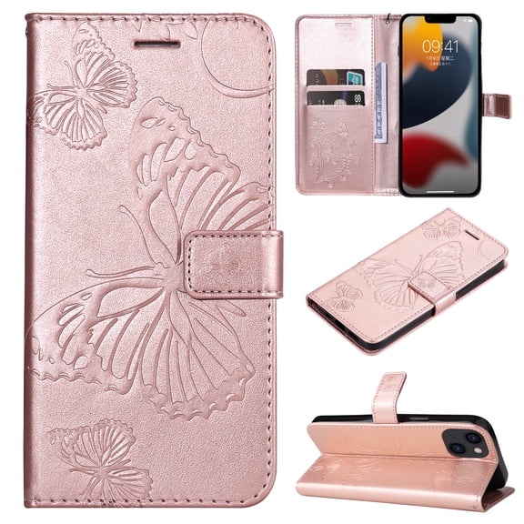 TECH CIRCLE Embossed Butterfly Case for 2022 iPhone 14 (6.1") - Protective Foldable Stand Flip Cute Case (Rosegold)
