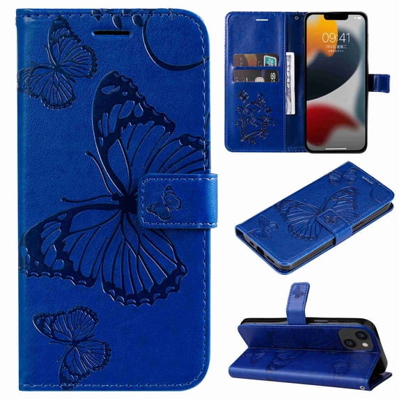TECH CIRCLE Embossed Butterfly Case for 2022 iPhone 14 Plus (6.7") - Protective Foldable Stand Flip Case (Blue)