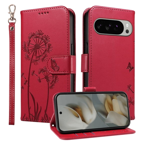 TECH CIRCLE Embossed Dandelion Series Flip Wallet Phone Case for Google Pixel 10 /10 Pro (6.3", 2025) with Wrist Strap, Slim Fits and Lightweight, PU Leather Protective Folio Fold Stand Case, Red