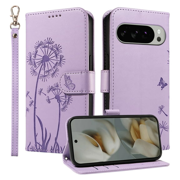 TECH CIRCLE Embossed Dandelion Series Flip Wallet Phone Case for Google Pixel 10 /10 Pro (6.3", 2025) with Wrist Strap, Slim Fits and Lightweight, PU Leather Protective Folio Fold Stand Case, Purple