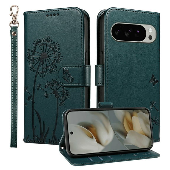 TECH CIRCLE Embossed Dandelion Series Flip Wallet Phone Case for Google Pixel 10 /10 Pro (6.3", 2025) with Wrist Strap, Slim Fits and Lightweight, PU Leather Protective Fold Stand Case, Darkgreen
