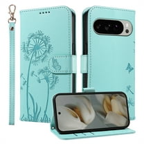 TECH CIRCLE Embossed Dandelion Series Flip Wallet Phone Case for Google Pixel 9A (6.3", 2025) with Wrist Strap, Slim Fits and Lightweight, PU Leather Protective Folio Fold Stand Case, Green