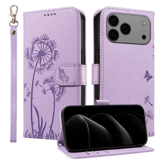 TECH CIRCLE Embossed Dandelion Series Flip Wallet Phone Case for iPhone 16 Pro Max (6.9", 2024) with Wrist Strap, Slim Fits and Lightweight, PU Leather Protective Folio Fold Stand Case, Purple
