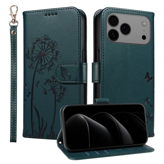 TECH CIRCLE Embossed Dandelion Series Flip Wallet Phone Case for iPhone 17 Pro Max (6.9", 2025) with Wrist Strap, Slim Fits and Lightweight, PU Leather Protective Folio Fold Stand Case, Darkgreen