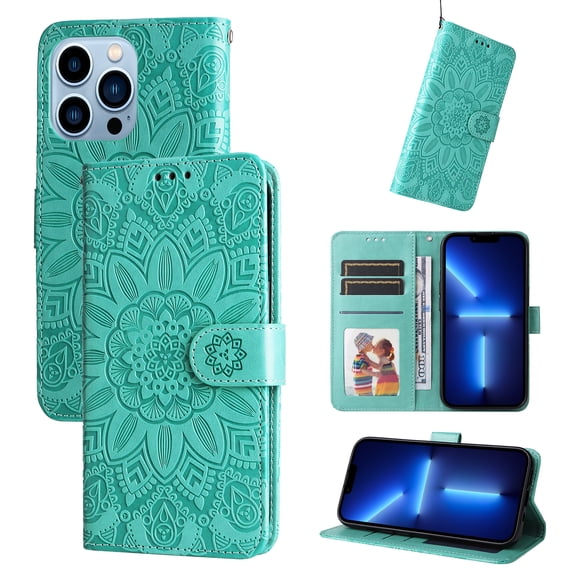 TECH CIRCLE Embossed Floral PU Leather Folio Flip Wristlet Shockproof Protective ID Credit Card Slots Holder Cover For iPhone 12 Pro Max,Green