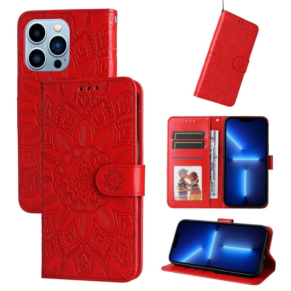 TECH CIRCLE Embossed Floral PU Leather Folio Flip Wristlet Shockproof Protective ID Credit Card Slots Holder Cover For iPhone 12 Pro Max,Red