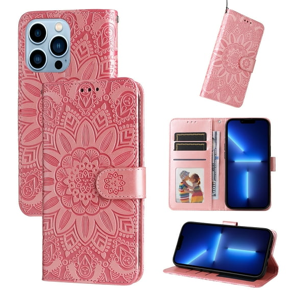 TECH CIRCLE Embossed Floral PU Leather Folio Flip Wristlet Shockproof Protective ID Credit Card Slots Holder Cover For iPhone 12 Pro Max,Rosegold