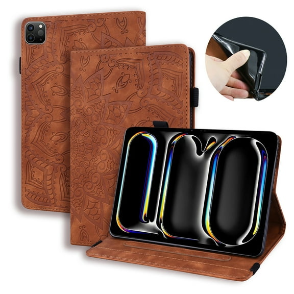 TECH CIRCLE Embossed Sunflower Case for Apple iPad Pro 13 Inch (2024), Folio Tablet Case Fold to Create Stand, Built-in Card Slots & Pen Loop, PU Leather Protective Lightweight Slim Cute Case, Brown