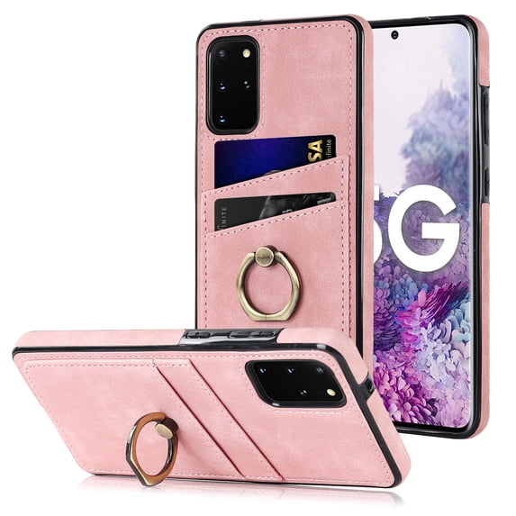 TECH CIRCLE Fit for Samsung Galaxy S20+ 6.7 inch Case with Metal Finger Ring Holder,Vintage Patch PU Leather Back Card Slots Soft Silicone Bumper Anti-fall Phone Cover,Pink