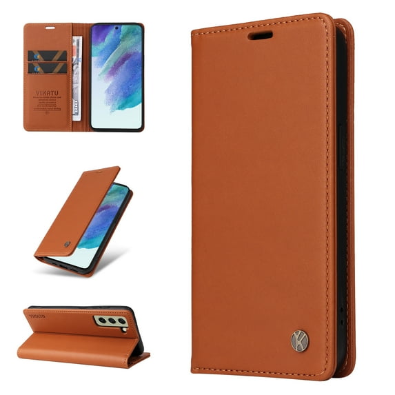 TECH CIRCLE Fit for Samsung Galaxy S21 FE 5G 6.4" Wallet Case with ID Credit Card Slots & Cash Pocket, Full Protection Plain Leather Magnetic Flip Kickstand Phone Case Cover,Yellow