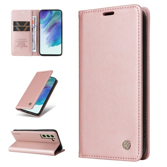 TECH CIRCLE Fit for Samsung Galaxy S21 FE 5G 6.4" Wallet Case with ID Credit Card Slots & Cash Pocket, Full Protection Plain Leather Magnetic Flip Kickstand Phone Case Cover,Rosegold
