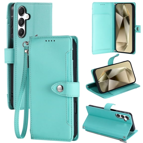 TECH CIRCLE Flip Folio Wallet Case for Galaxy A05, with Wrist Strap and Crossbody Strap, PU Leather Protective Case with 5 Credit Card Holder, 2 Pocket, Stand, Magnetic Snap Closure, Mint