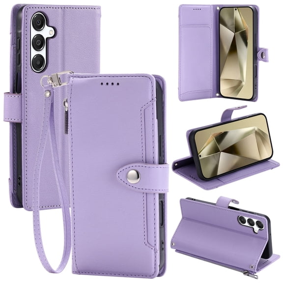 TECH CIRCLE Flip Folio Wallet Case for Galaxy A24 4G, with Wrist Strap and Crossbody Strap, PU Leather Protective Case with 5 Credit Card Holder, 2 Pocket, Stand, Magnetic Snap Closure, Purple