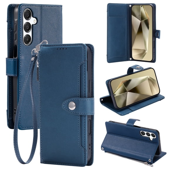 TECH CIRCLE Flip Folio Wallet Case for Galaxy A37 5G, with Wrist Strap and Crossbody Strap, PU Leather Protective Case with 5 Credit Card Holder, 2 Pocket, Stand, Magnetic Snap Closure, Dark Blue