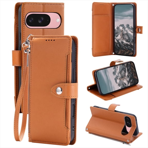 TECH CIRCLE Flip Folio Wallet Case for Google Pixel 10 Pro XL, with Wrist Strap and Crossbody Strap, PU Leather Protective Case with Credit Card Holders, Pockets, Stand, Magnetic Snap Closure, Brown