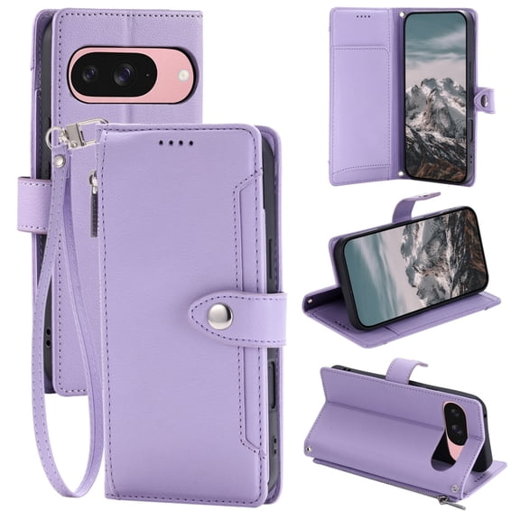TECH CIRCLE Flip Folio Wallet Case for Google Pixel 8, with Wrist Strap and Crossbody Strap, PU Leather Protective Case with Credit Card Holders, Pockets, Stand, Magnetic Snap Closure, Purple