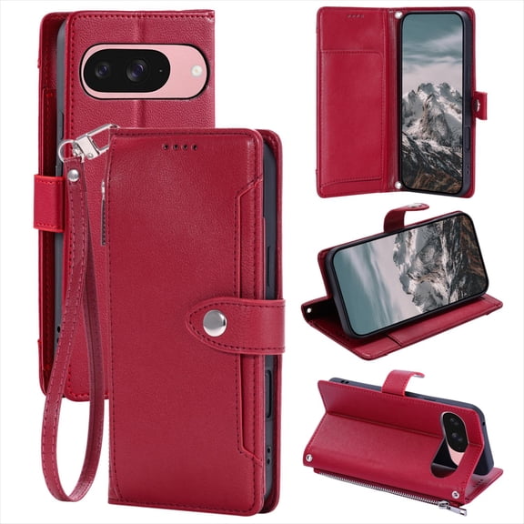 TECH CIRCLE Flip Folio Wallet Case for Google Pixel 8, with Wrist Strap and Crossbody Strap, PU Leather Protective Case with Credit Card Holders, Pockets, Stand, Magnetic Snap Closure, Red